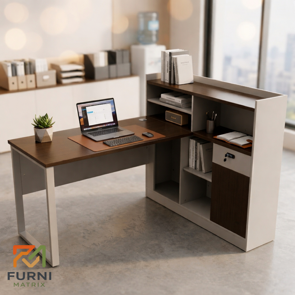 MEJA KERJA SUDUT L SHAPE MINIMALIS + STORAGE | MEJA KANTOR MODERN