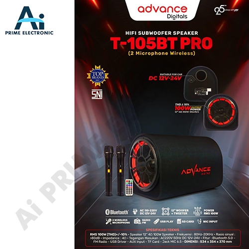 ADVANCE T105BT PRO T-105 BT PRO Speaker Tabung 12" Inchi Portable Bluetooth Bass Subwoofer Karaoke +