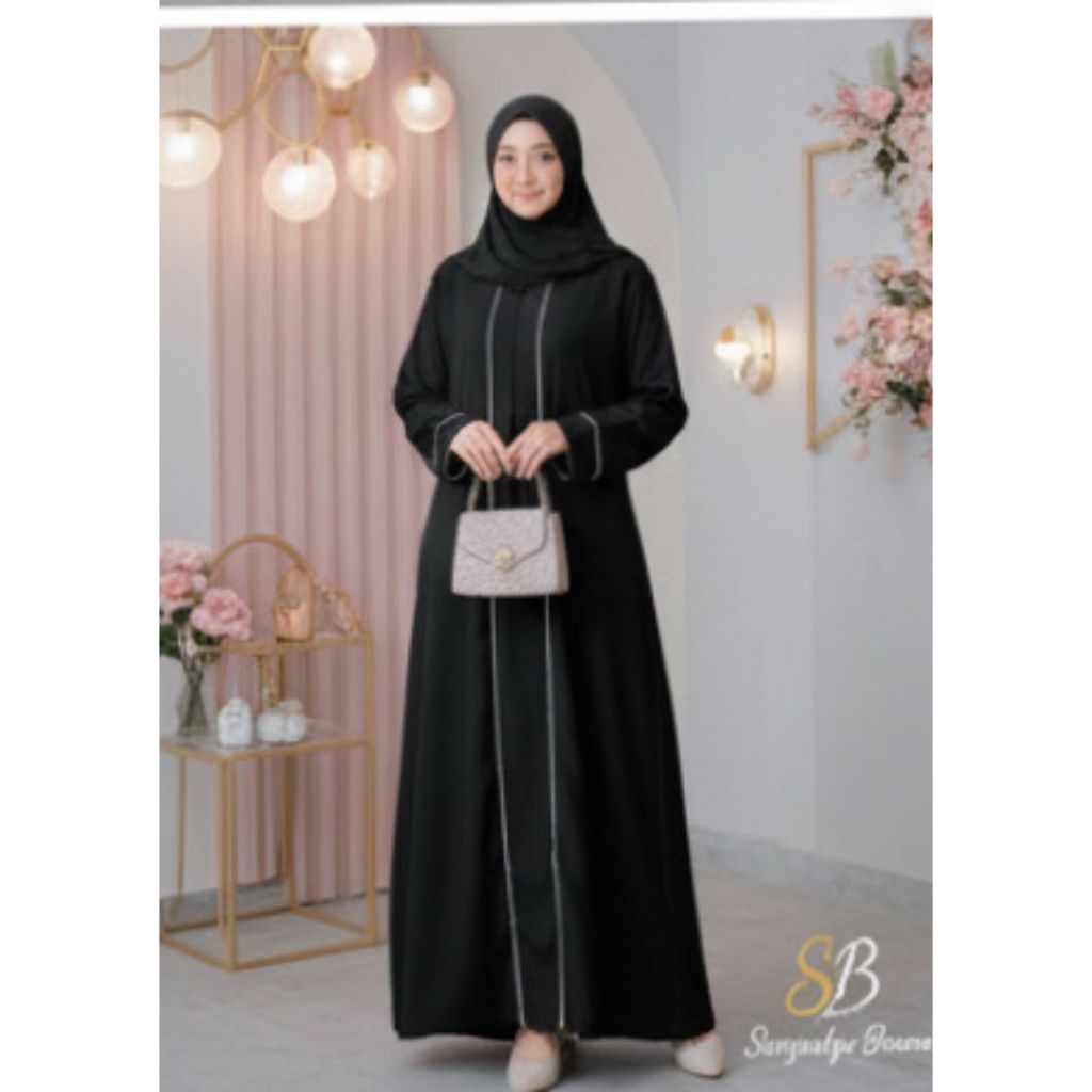 Abaya Turkey Hitam List Putih Simple Elegan