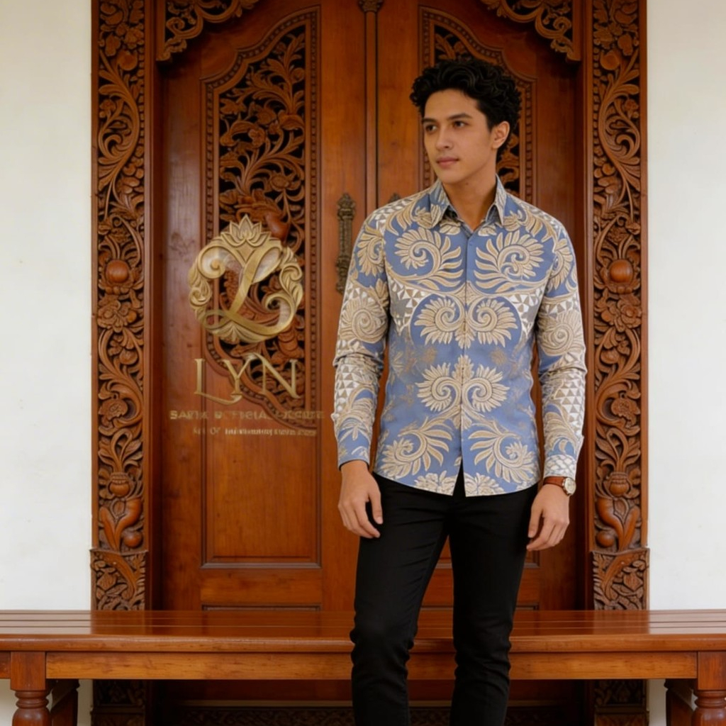 ARYASATYA Baby Blue Kemeja Batik Pria Lengan Panjang Kemeja Batik Slimfit Warna Baby Blue Baju Batik