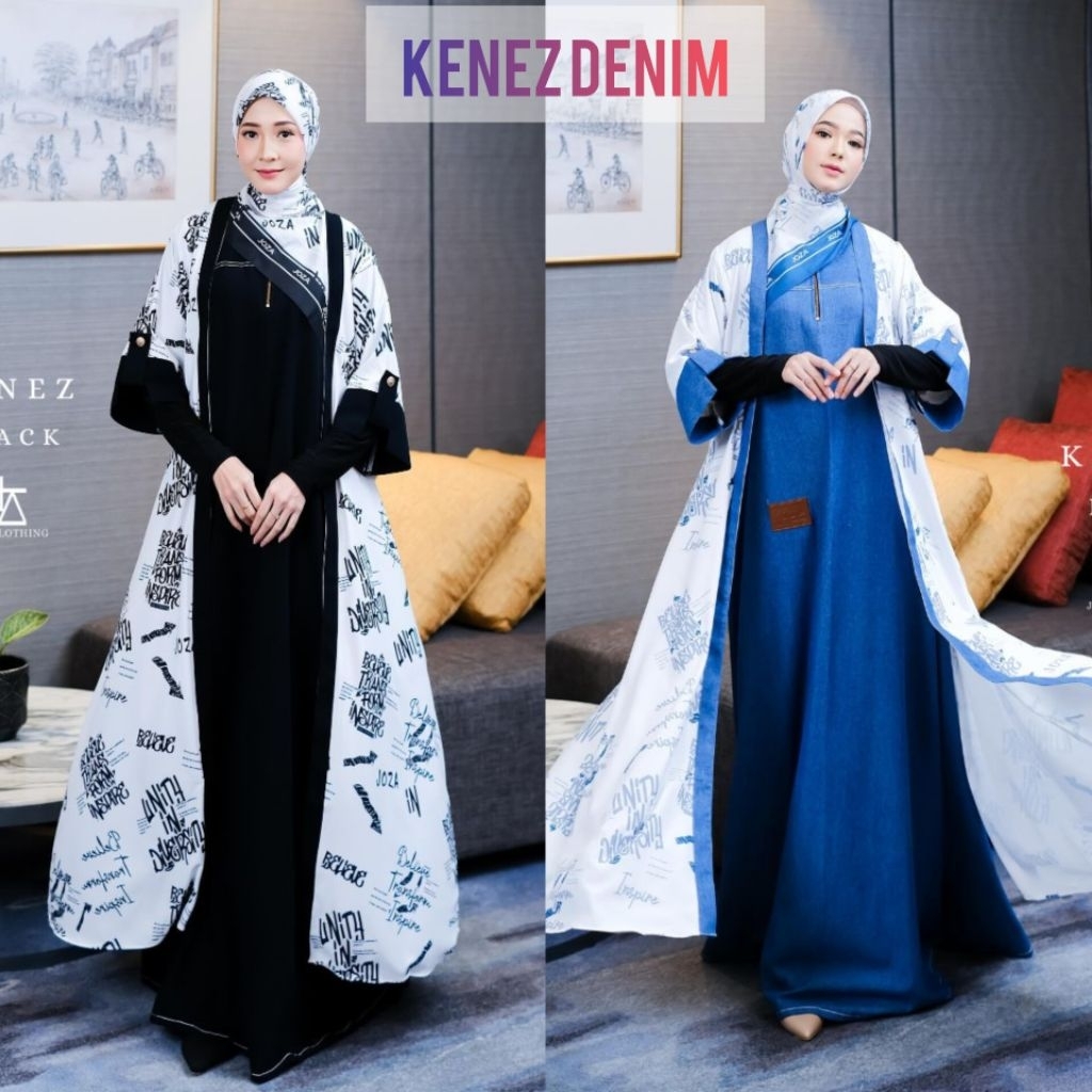 PO 5MINGGU KENEZ DENIM GAMIS OUTER SET SCARF DAILY DRESS SYARI BY JOZA CLOTHING