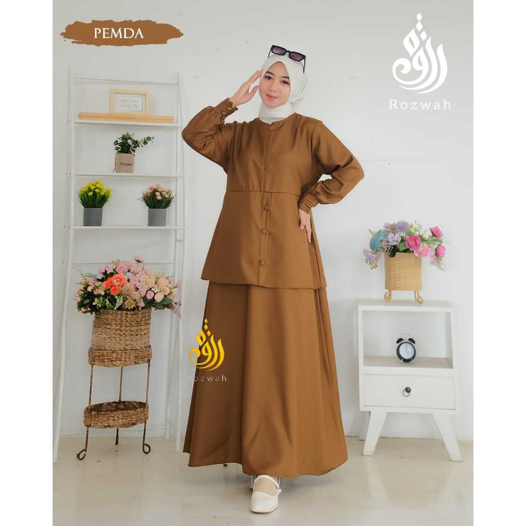 Gamis Khaki Pemda PNS Wanita Rozwah adem| Baju Muslim Kerja Guru PNS | Gamis Setelan Rok Nyatu Forma