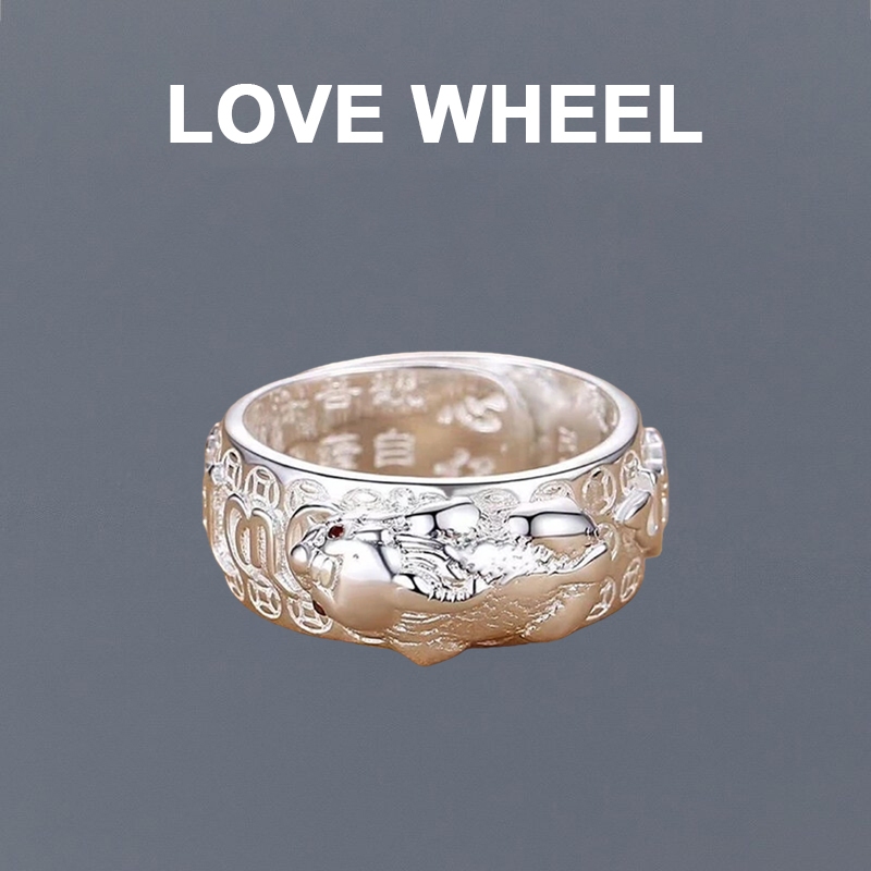 LOVE WHEEL | Cincin Pria Motif Pixiu - Perak Murni 999, Model Terbuka (Bisa Disesuaikan), Desain Kek