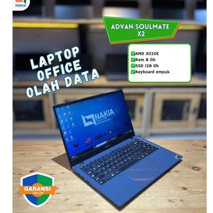 ADVAN SOULMATE X2AMD 3020E
Ram 8 Gb
SSD 128 Gb
Keyboard empuk