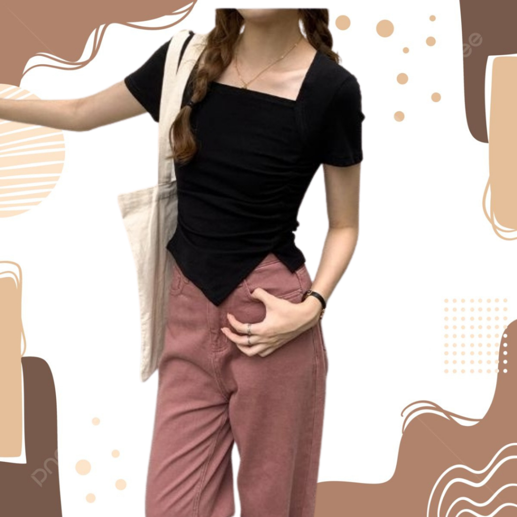 Kaos Crop Top Kerut Square Neck,Kaos Kerut Korean,Crop Top Kerut Lengan Pendek