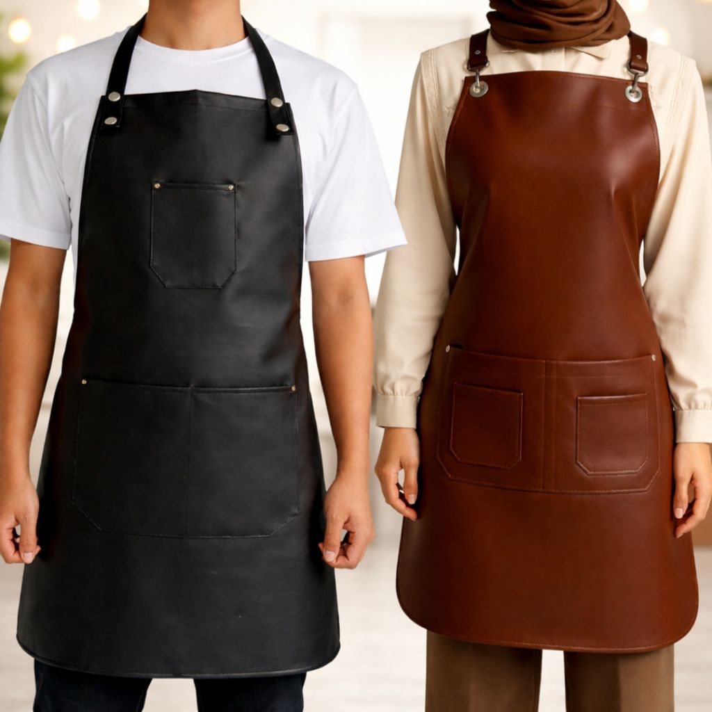 YR Apron Kulit Sintetis Waterproof – Celemek Barista, Barbershop, Workshop, Anti Air & Minyak, Elega