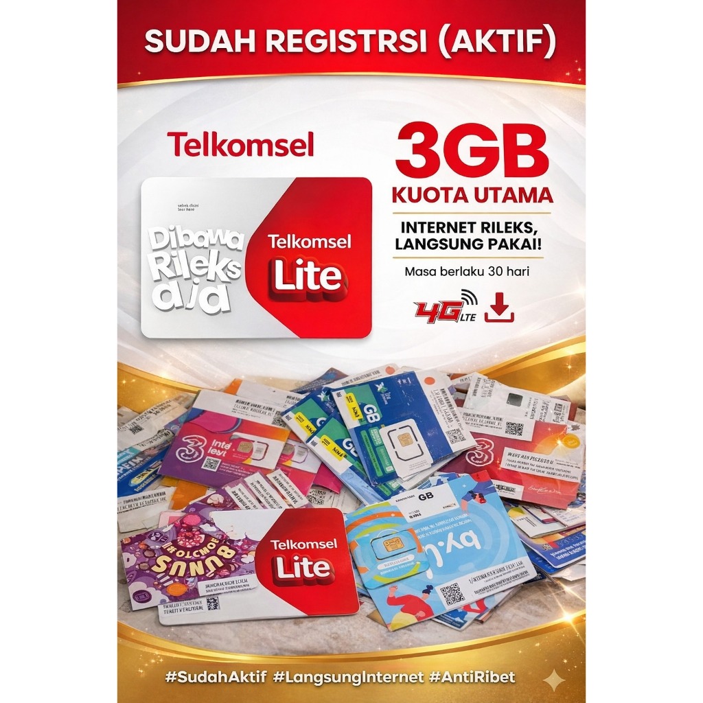 SUDAH REGISTRASI SUDAH AKTIF TINGGAL PAKAI KARTU PERDANA SIMPATI BYU TELKOMSEL BY.U XL AXIS TRI 3 TH