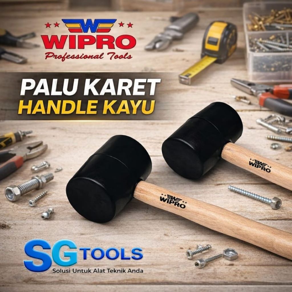WIPRO Palu Karet Ukuran 8oz 16Oz 24Oz | Handle Kayu Kuat | Cocok Pasang Keramik & Paving Anti Pecah