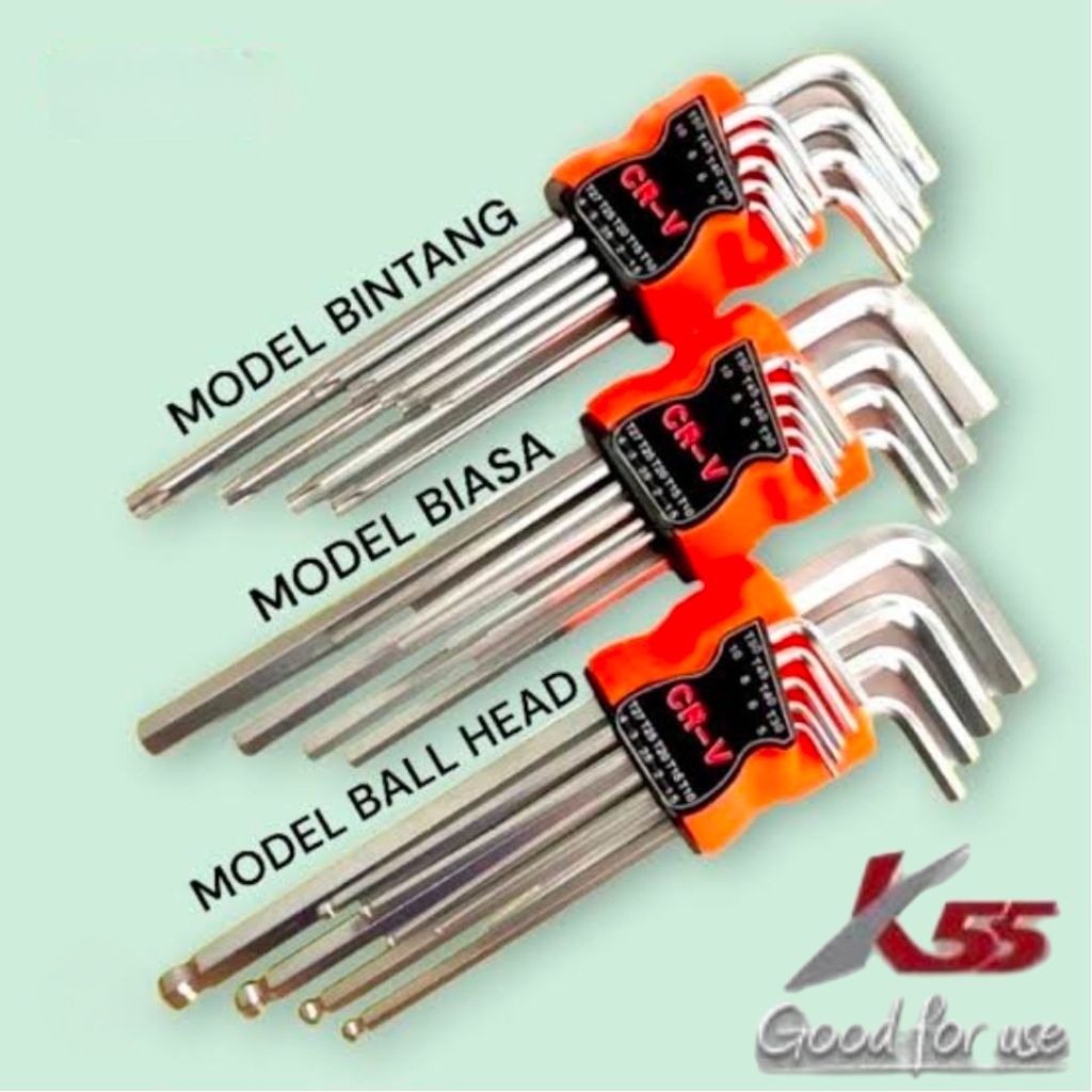 Kunci L Set 9 Pcs Panjang,Panjang Extra Long Model Bintang,Model Biasa,Model Ball Head(Ballpoint) K5