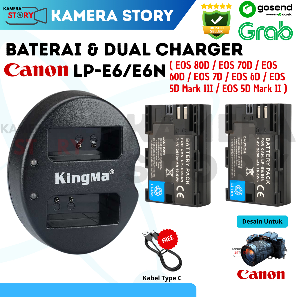 Baterai & Dual Charger Canon LP-E6 For EOS 90D - Battery EOS 80D / EOS 70D / EOS 60D / EOS 7D / EOS 