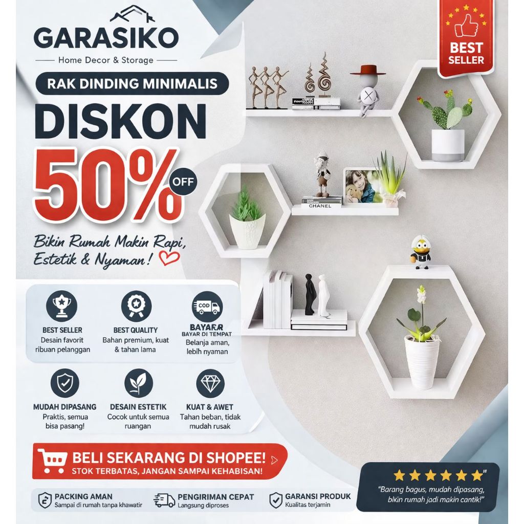 Rak dinding hexagonal 1 set hiasan dinding ruang tamu kamar tidur aestetic minimalis pajangan dindin