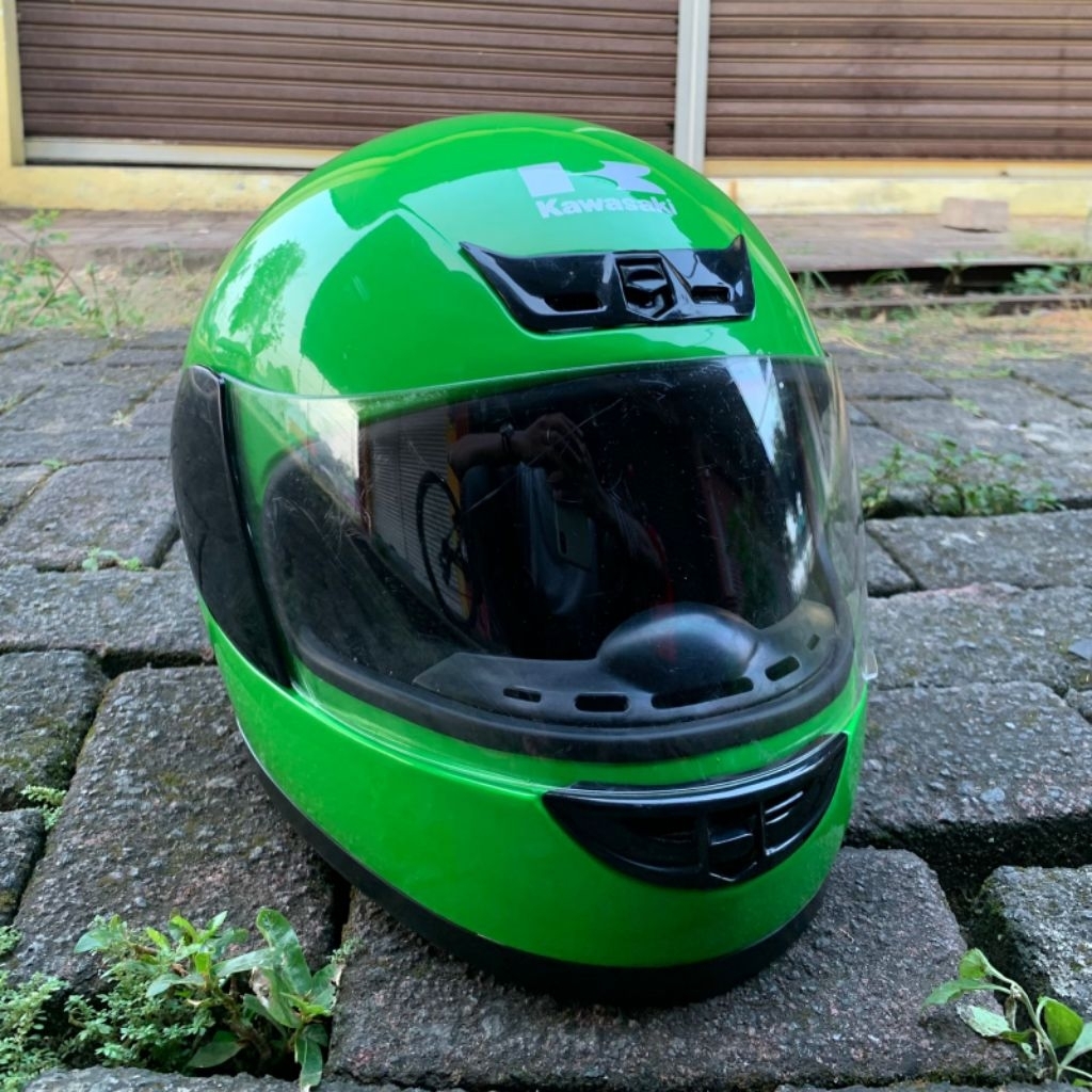 Helm Full Face Teropong Tropong R 2T Kawasaki Ninja R Hijau Bekas Copotan Motor Second Ukuran M L