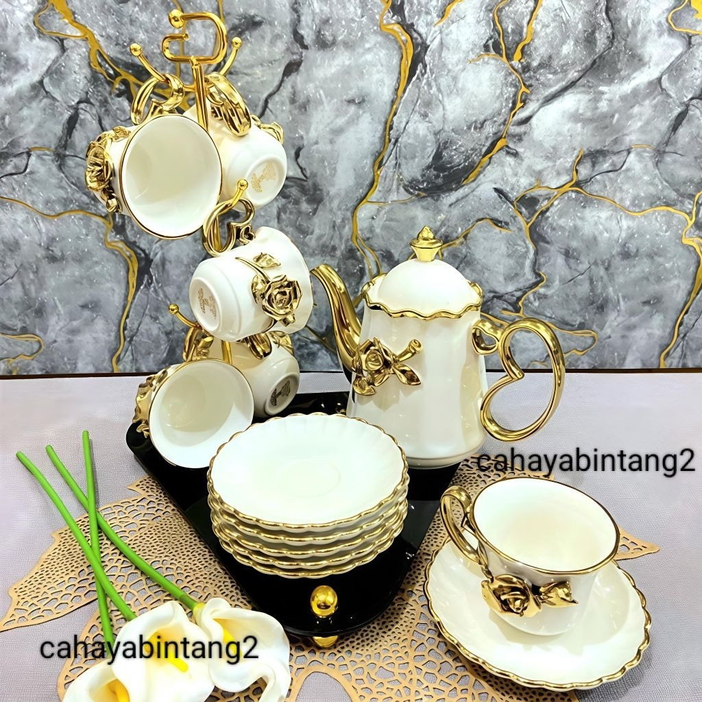 Teko Teh /Kopi + Cangkir Keramik Marble Fiorenza Set 822