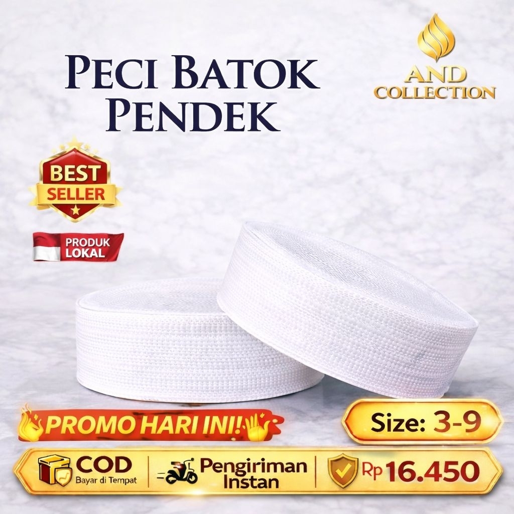 Peci Batok Pendek Putih Haji Premium - Ukuran Terlengkap Dari Size 3 - 9