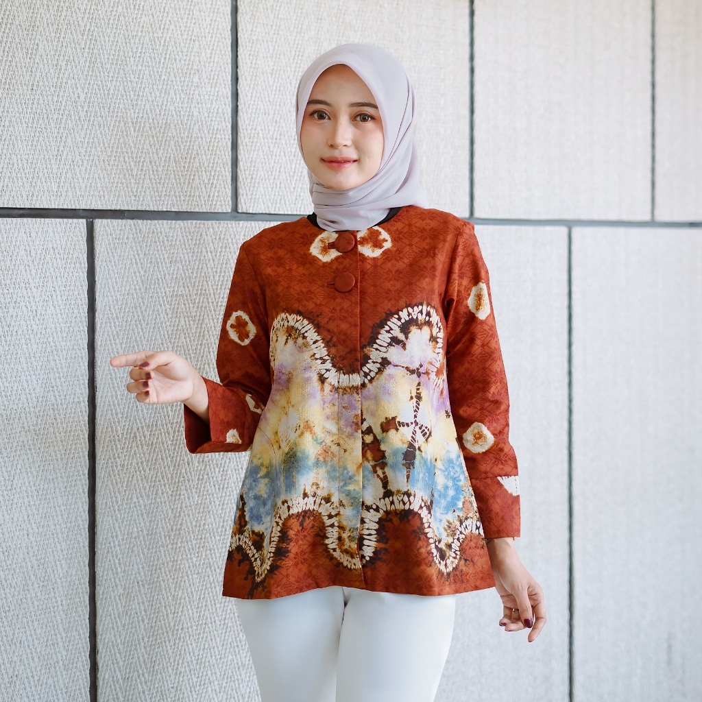 LAKSMI MEISA Blouse Batik Atasan Kerja Wanita Lapis Furing Trikot Batik Modern Sasirangan Coklat Ata