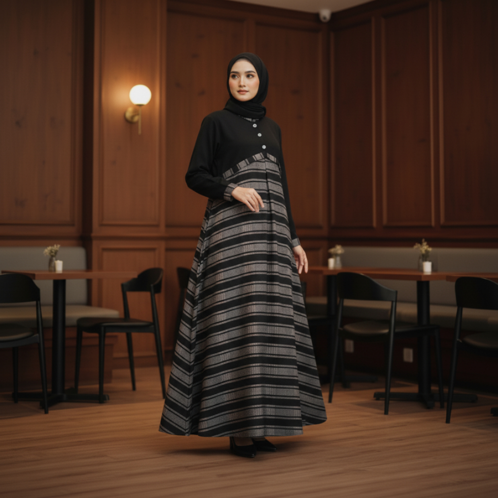 MALABIS - Alika Abaya Jetblack Premium – Gamis Abaya Motif | Bahan Aswan Adem | Busui Friendly | All