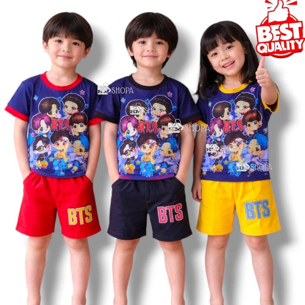 Baju Setelan Anak BTS BT21 kartun Fullprint Kaos anak laki laki perempuan Umur 2-10 th