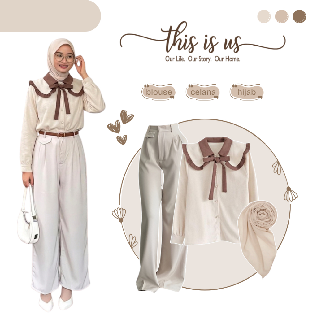 Satu Set Outfit Wanita | Blouse + Celana Ivory + Hijab Bella | Setelan Cewek One Set - AM248N