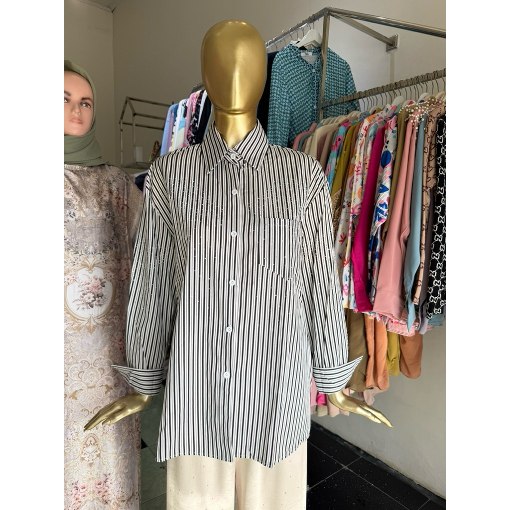 kemeja salur | garis katun | biru | pink | hitam | cewek wanita | premium kerah