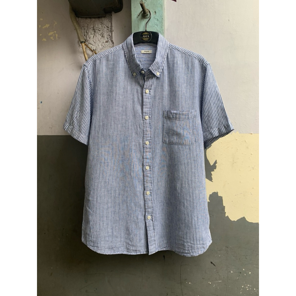 kemeja pria Polham linen stripe lengan pendek preloved
