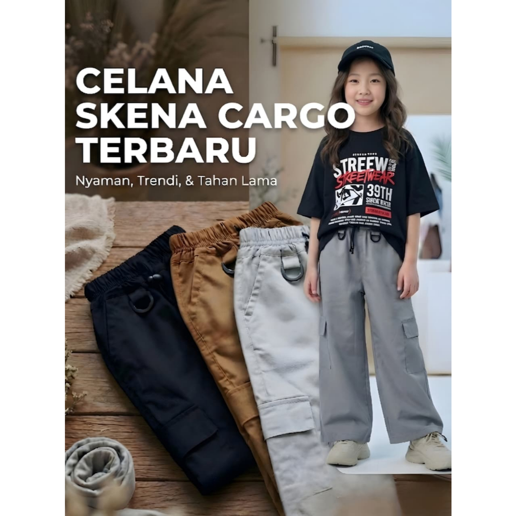 Celana Skena Cargo Anak Perempuan Korean Style Premium | Skena Anak 1-12 Tahun Fashion Trendy Casual