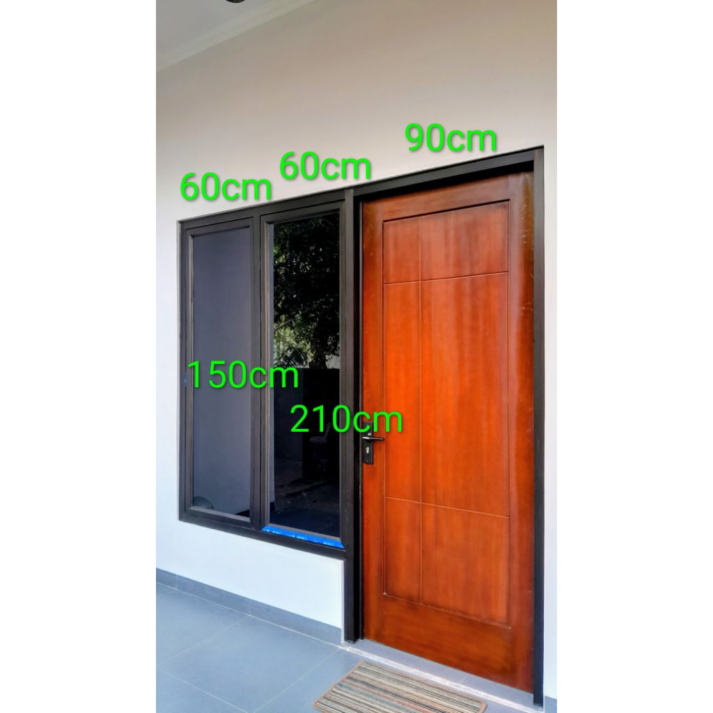 kusen alumunium gendong 2 plus pintu panel kayu Meranti dan daun jendela casemen