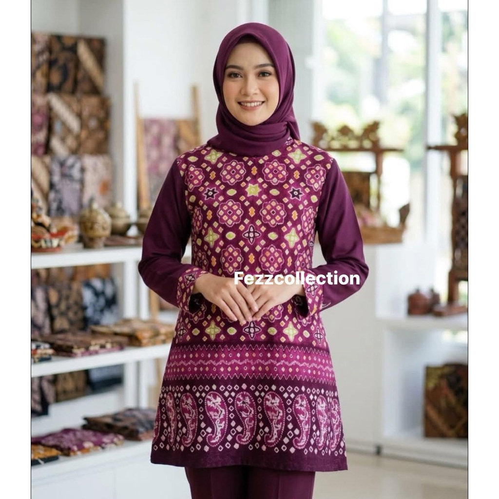 tunik jumputan burgundy