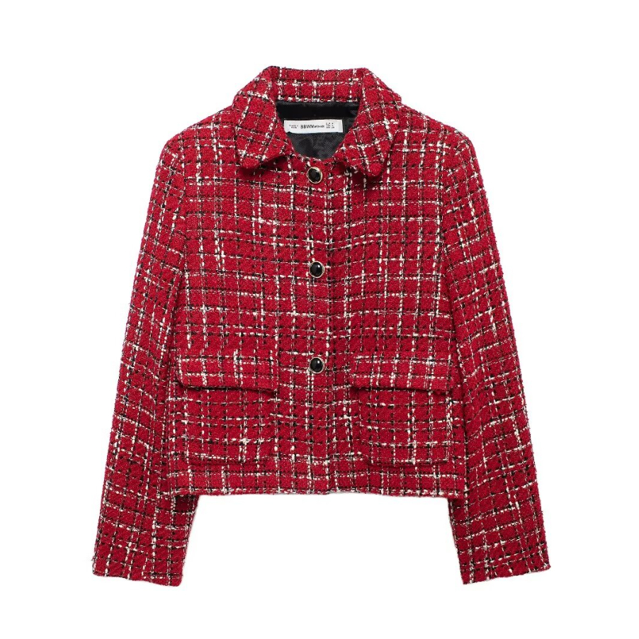 Namirazka - Premium Tweed Blazer Elegant Red Outer Luaran Jaket Wanita Semi Formal Merah Kotak-Kotak