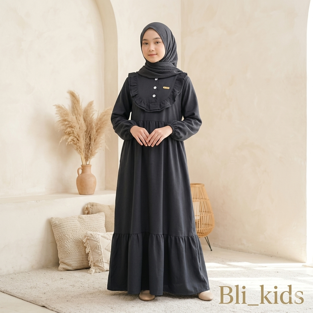 Gamis tanggung renda anak perempuan bahan katun polo linen Gamis tanggung anak perempuan