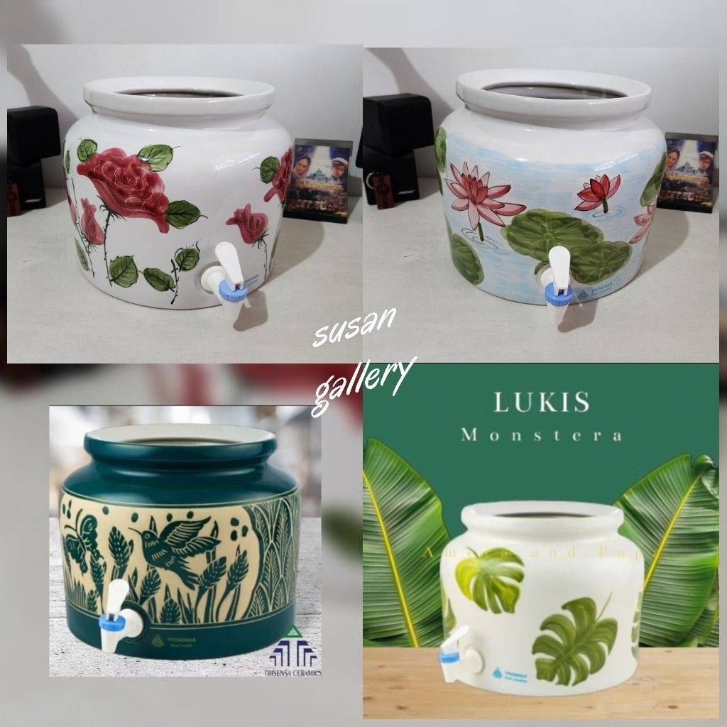 Guci Keramik Galon Air Trisensa Motif Lukis Ukir  / Guci Galon Air