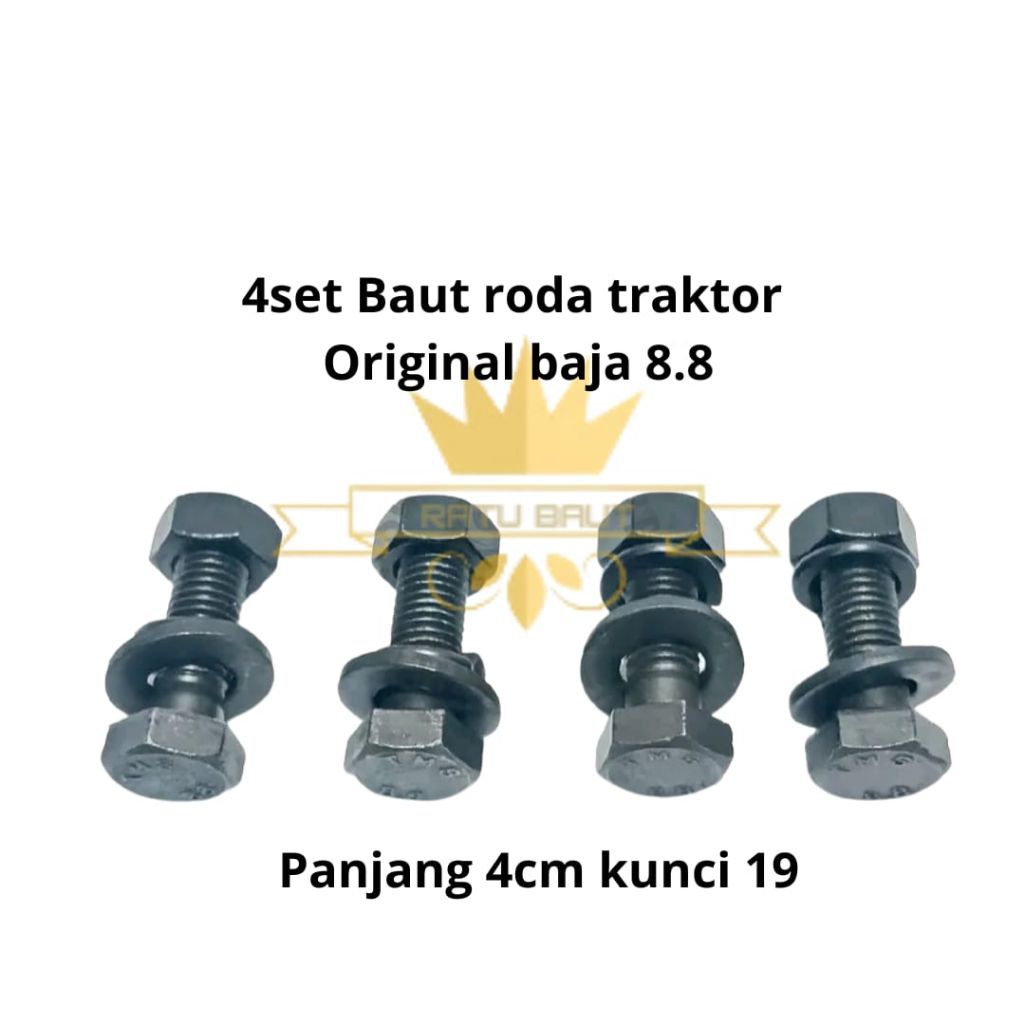 Baut Roda Traktor Sawah M12 grade 8.8 kunci 19 panjang 4 cm paket 4 set baut miring plat ring per ba