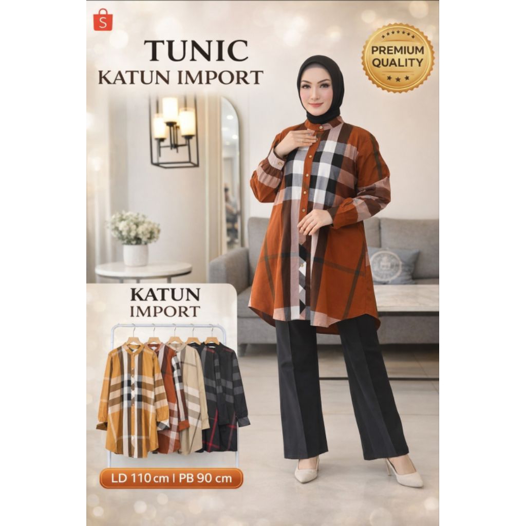 Tunik Katun Dubai Import Premium Motif Kotak Blubery Wanita | LD 110cm PB 90cm | Kemeja Panjang Musl