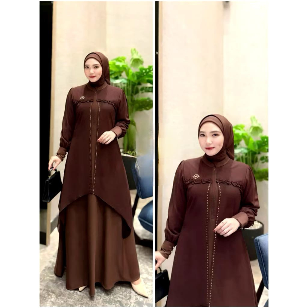 Jasmin Dress Burgundry Gamis Ceruty Babydoll Full Furing Premium Swarovski Mewah Gamis Kondangan Pea
