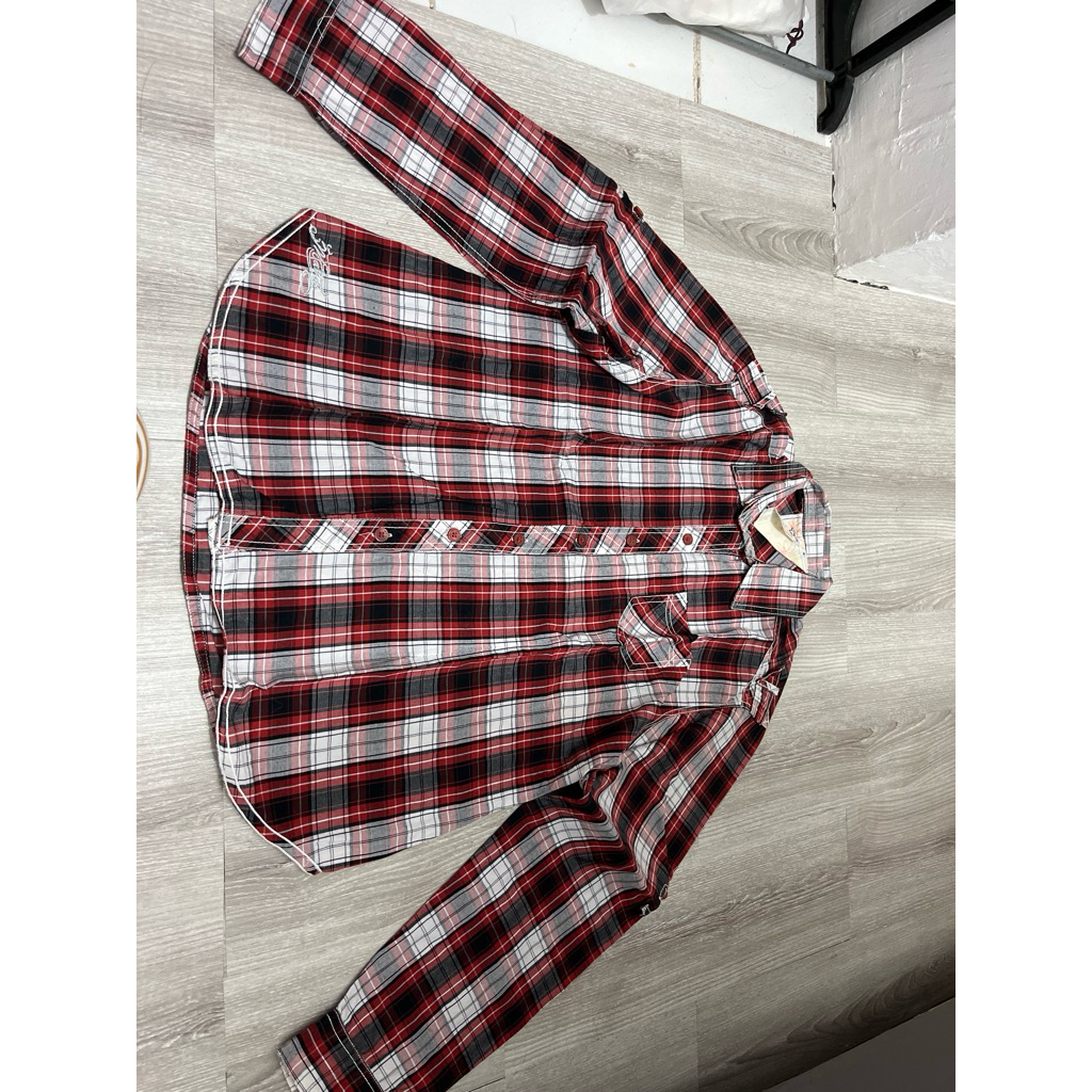Kemeja kotak kotak flanel merah hitam putih cewek XL