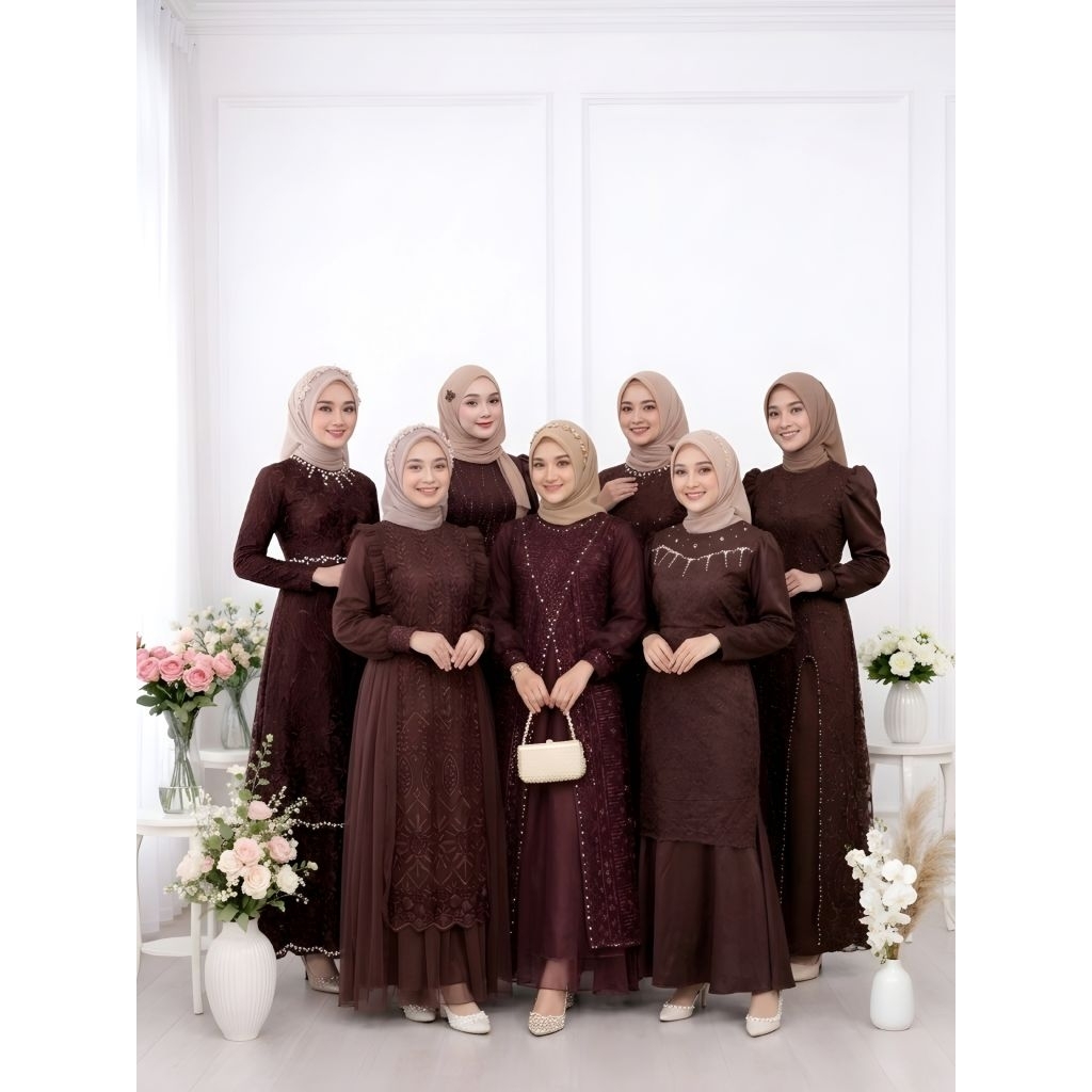 Gamis Seragam Bridesmaid Coklat Mahogany Dress Brokat Kondangan Wanita Mewah Gamis Modern Cl