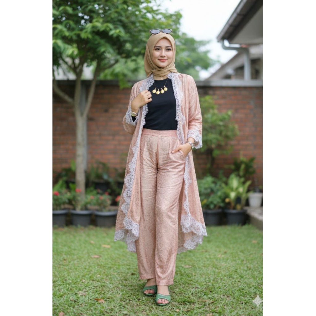 syahnita set kebaya outer batik viscose lace + kulot polos setelan baju batik wanita dan celana panj