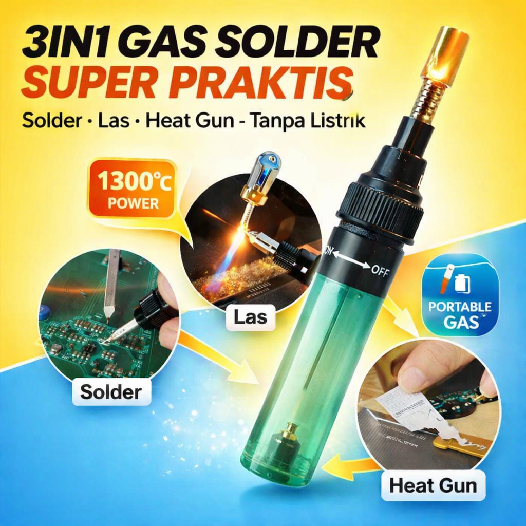 Solder Pena Gas 3in1 Tanpa Kabel Alat Las Mini Heat Gun Portable Torch 1300°C Servis Elektronik