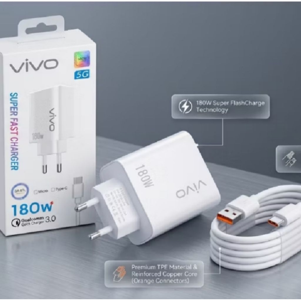 CHARGER VIVO 5G SUPER FAST CHARGING 180W Qualcomm Quick charger 3.0 KABEL MICRO DAN TYPE-C 1SET