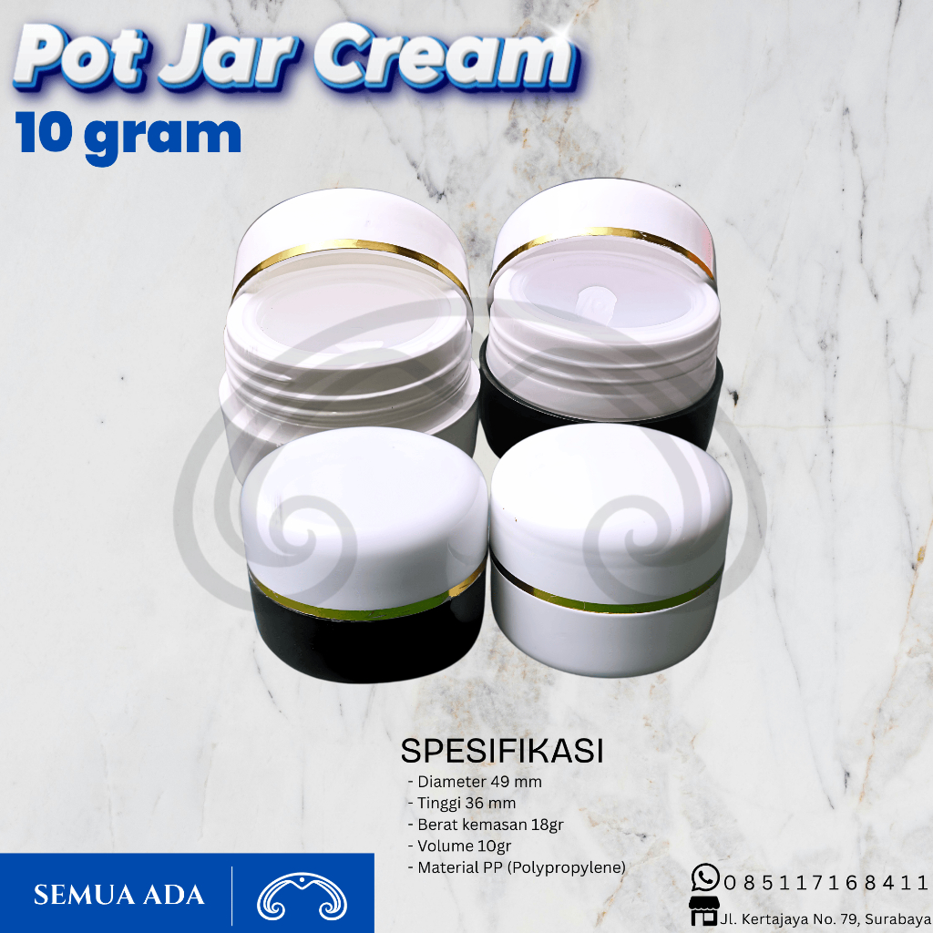 Pot Jar Cream 10 Gram Putih Hitam Emas, Diameter 49mm, Material PP, Volume 10gr
