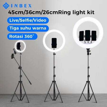INBEX Ring Light Tripod Ukuran Besar 45cm/26cm Lampu Konten Kreator with 3 Holder HP Livestreaming
