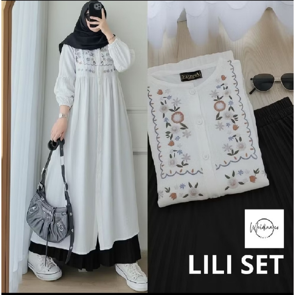 Setelan Rok Tunik Wanita Lili - Atasan Linen Bordir dan Rok Plisket Putih