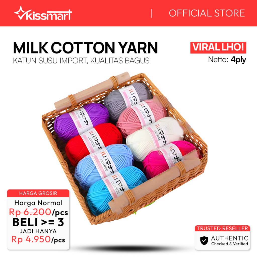 (GROSIR) Benang Rajut Milk Cotton Yarn Liliarge Benang Rajut Katun Susu Import 4ply 25gr MG002