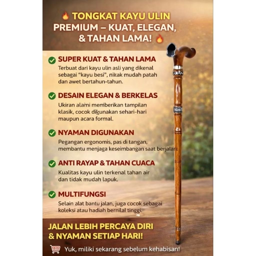 Tongkat jalan Bantu Kayu ulin / kayu besi  model terompah Nabi