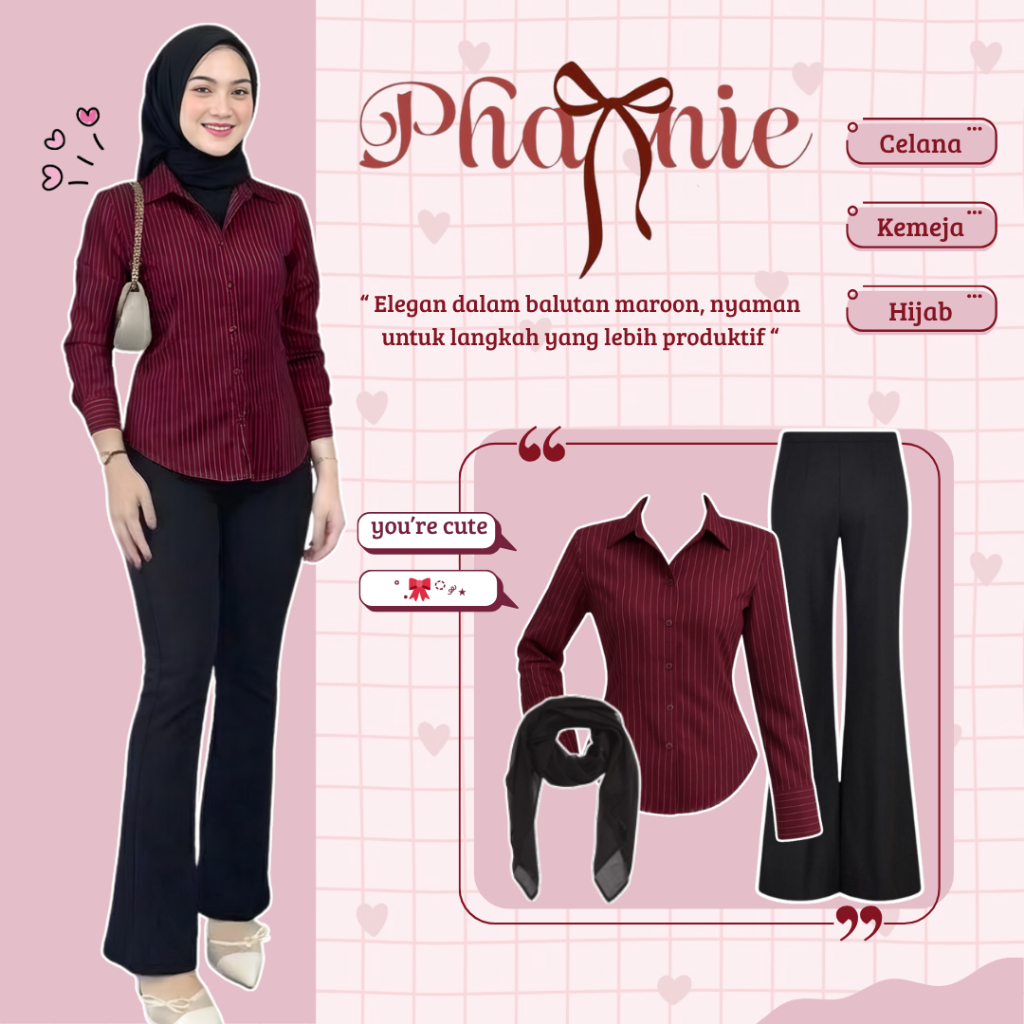 Set Kemeja Wispie Trend 3IN1 (KEMEJA SALUR | CELANA CUTBRAY SCUBA | HIJAB BELLA) Outfit Maroon Wanit