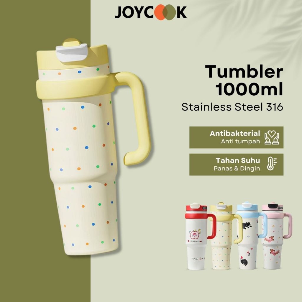 JOYCOOK Botol Minum Tumbler Stainless 1000ml Dengan Sedotan dan Handle Anti Tumpah Food Grade