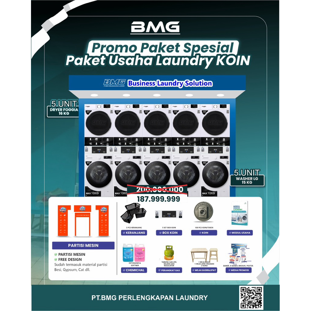 PAKET USAHA LAUNDRY SELF SERVICE KOIN WASHER LG 15 KG + DRYER FOGGIA 16 KG