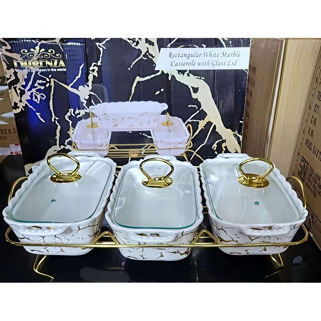 (PACKING KAYU) WADAH SAJI / PRASMANAN GANDENG 3 KERAMIK MARBLE TUTUP KACA FIORENZA 968