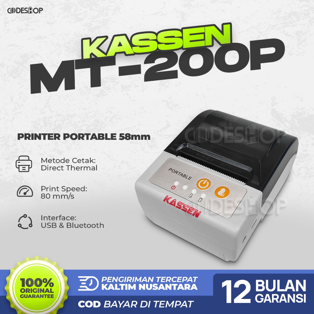 Kassen MT200A Mobile Printer Thermal 58mm Portable Cetak Struk Kasir USB Bluetooth Auto Cutter