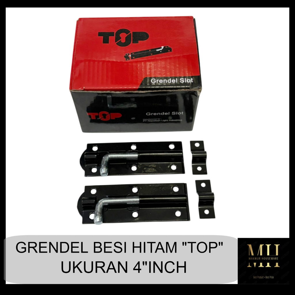 GRENDEL BESI HITAM 4INCH MERK TOP /  GRENDEL SLOT BESI HITAM PINTU UKURAN 4INCH MERK TOP