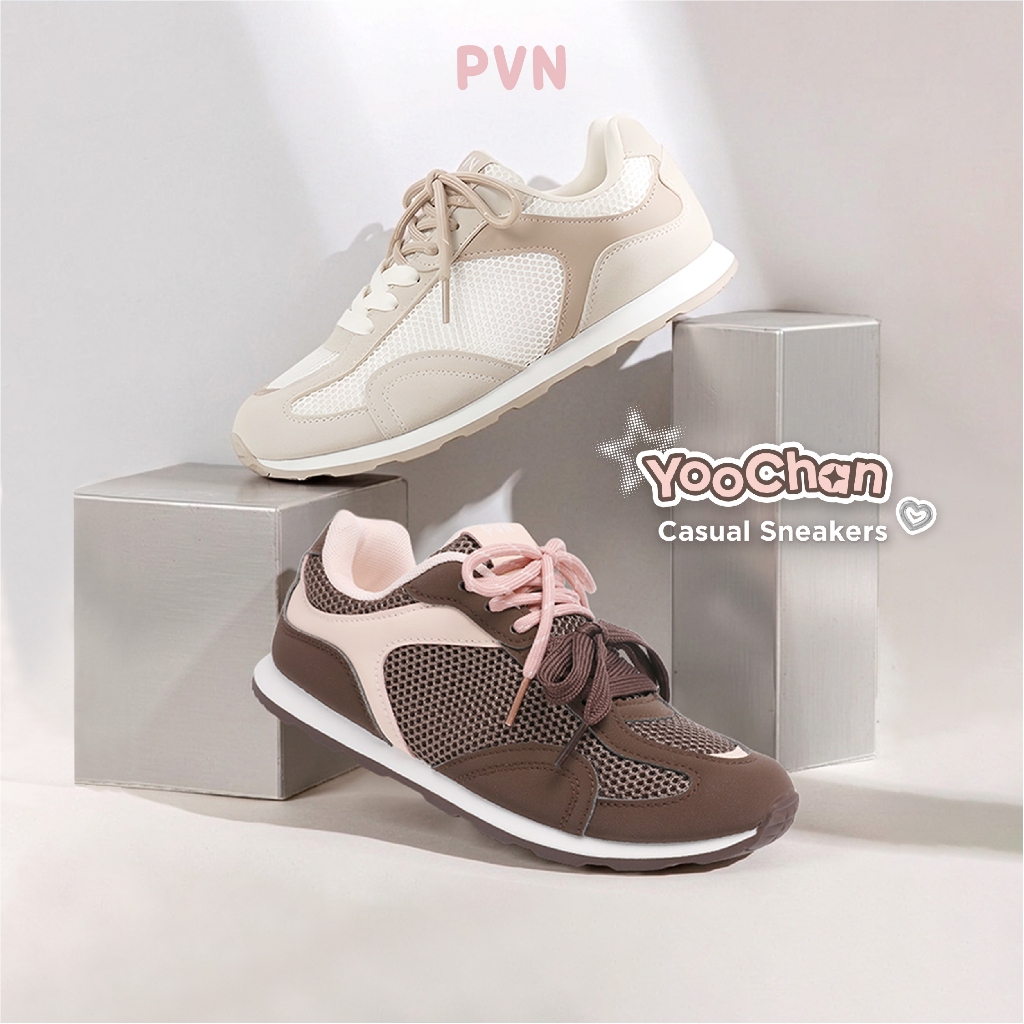 PVN Yoochan Sepatu Sneakers Wanita Sport Shoes Grey Cream Choco 368